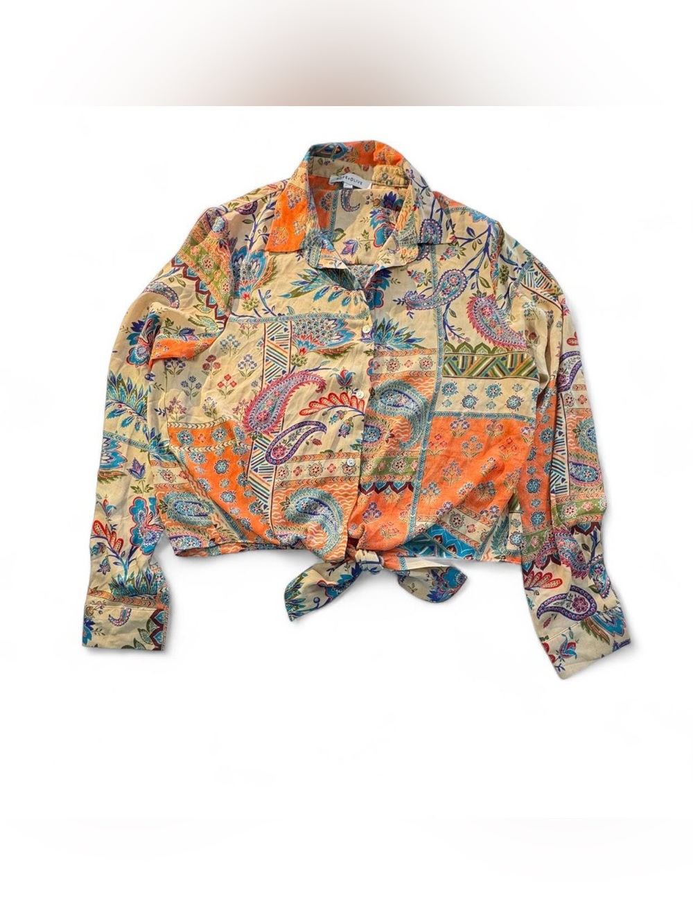 Rose + Olive Tie-Front Patchwork Paisley Floral Blouse S Boho Cottagecore Y2K